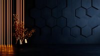 Dark hexagonal wall pattern with golden vertical lines and decorative vase with branches, modern luxury interior design background for architectural visualization.