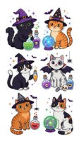 Cartoon cats wearing witch hats with magical potions, crystal balls, and mystical elements on white background. Perfect for Halloween designs, clipart, and merchandise.