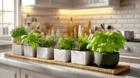 Fresh herbs growing in concrete pots arranged on wicker tray in modern kitchen with white brick backsplash and warm lighting.