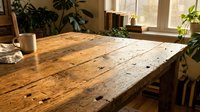 Rustic wooden table with natural grain and weathered finish in bright sunlit room with potted plants and windows, suitable for interior design and home decor projects.