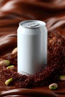 Blank aluminum can mockup surrounded by melted chocolate waves, pistachio nuts and decorative red threads for beverage packaging design presentation.