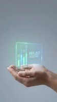 Caucasian hand holding glowing holographic display with bar chart analytics and progress indicator for business growth and digital technology concepts.