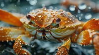 Orange spotted crab with prominent eyes in shallow water, claws extended against dark background with bubbles and water droplets visible.