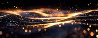 Abstract glowing golden waves flow through dark space with sparkling light particles and bokeh effects creating magical atmospheric background.