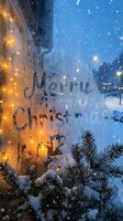 Merry Christmas written on a foggy winter window with glowing fairy lights, a candle, and snow-covered fir branches outside.