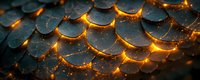 Glowing dragon-like scales pattern with orange light emerging between dark metallic overlapping layers creates mystical fantasy background effect.