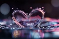Heart-shaped water splash with pink and blue reflections creating romantic atmosphere against dark background with bokeh lights and mirror surface.