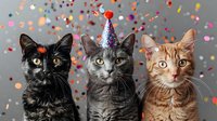 Three adorable cats celebrating with colorful confetti background, middle cat wearing festive party hat for pet birthday or holiday occasion.