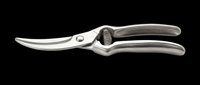 Stainless steel poultry shears with curved blades isolated on transparent background, ready for kitchen tool clipart, cooking design elements, and print-on-demand product graphics.