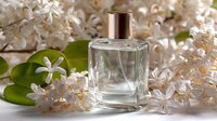 Elegant perfume bottle with gold cap surrounded by delicate white jasmine flowers and green leaves, creating a luxurious fragrance composition.