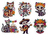 Colorful Day of the Dead cat skeleton designs with floral patterns, marigolds, and traditional Mexican folk art elements. Isolated clipart ready for t-shirts, merchandise, and graphic design projects.