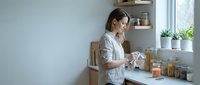 Young woman organizing kitchen pantry with glass jars and storage containers in modern minimalist home interior with natural lighting and plants.