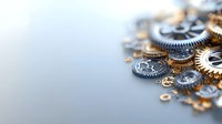Metallic gold and silver mechanical gears and cogs scattered on gray background with copy space, representing business teamwork and technology innovation.