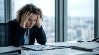Stressed businesswoman holding head in hands at office desk with paperwork, experiencing work pressure and mental fatigue in corporate environment.