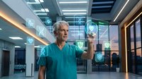 Senior Caucasian male doctor in green scrubs interacting with futuristic holographic medical interface in modern hospital setting with digital technology.