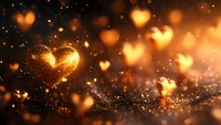 Glowing golden heart shapes with magical sparkles and bokeh effects floating against dark background, romantic Valentine's day atmosphere with warm light.