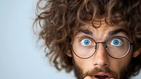 Young Caucasian man with curly brown hair, beard and round glasses expressing surprise with wide bright blue eyes against light background. Emotional portrait.
