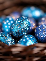Festive blue Easter eggs with sparkly glitter and polka dot pattern nestled in brown woven basket, macro shot with soft bokeh background for holiday celebrations.