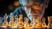 Senior Caucasian man in glasses contemplating chess strategy, focused on illuminated chess pieces on wooden board in dramatic lighting with bokeh background.
