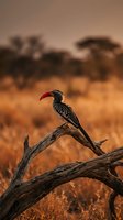 Red-billed hornbill perched on dead tree branch during golden hour sunset in African savanna grassland with warm orange light and blurred acacia trees.