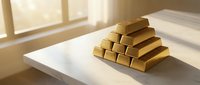 Stack of golden bullion bars arranged in pyramid on white surface with natural sunlight streaming through window creating warm shadows and highlights.