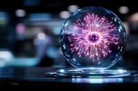 Glowing pink virus cell trapped in glass sphere against dark background with bokeh lights, scientific visualization of microscopic pathogen structure.