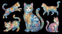 Colorful ornamental cats set with floral and swirl patterns, isolated on transparent background. Great for stickers, t-shirt design, clipart, and print on demand.