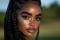 Young African American woman with braided hair and natural makeup in golden hour light for beauty and lifestyle content.
