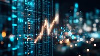 Financial market data visualization showing glowing candlestick chart with rising trend against blurred blue digital background with bokeh lights and numbers.