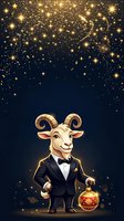 Anthropomorphic goat character wearing formal black tuxedo and bow tie, holding golden ornament against dark blue starry background with cascading gold sparkles and light effects for festive celebrations.