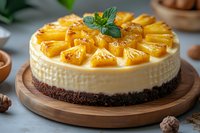 Creamy cheesecake topped with caramelized pineapple slices and fresh mint on chocolate cookie crust, served on wooden board. Perfect dessert photography.