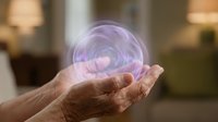Male hand holding glowing purple orb with swirling energy light effect, representing magic, future technology, innovation, and mystical power for design projects.