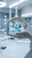 Hands protecting holographic eco-friendly car and recycling symbols in modern laboratory representing sustainable automotive technology and green innovation.