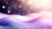Dreamy winter landscape with purple and pink gradient hills covered in sparkling snow, soft bokeh lights and magical glowing particles floating in misty air.