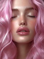 Young Caucasian woman with pink wavy hair, closed eyes, and plump glossy lips showing serene expression. Soft beauty portrait with glowing skin and natural freckles.