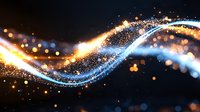 Magical glowing wave with golden sparkles and blue light trail flowing on dark background, abstract dynamic motion effect for festive designs.