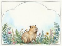 Watercolor guinea pig sitting among wildflowers and greenery with decorative cloud frame border for nursery decor and children's room wall art.