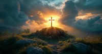 Christian cross silhouette on hill against dramatic sunset sky with sunbeams breaking through dark storm clouds, spiritual landscape with golden light.