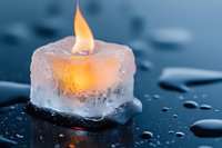 Ice cube candle with flame melting on wet surface creating fire and water contrast for spa relaxation wellness meditation concepts.