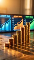 Golden coins stacked in ascending order with financial growth charts displaying upward trends on computer screen background for investment analysis.