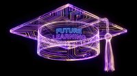 Neon graduation cap with circuit board pattern and Future Learning text on black background for educational technology concepts.