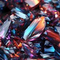 Abstract crystalline forms in vibrant orange, blue, and purple tones create dynamic composition with sharp angular shapes and reflective surfaces, suitable for luxury branding.