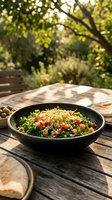 Quinoa salad with fresh vegetables served in black bowl on wooden table in sunny garden setting with natural green foliage background.