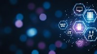 Digital technology network with hexagonal icons and glowing connections on dark blue bokeh background for business presentations and tech concepts.