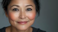 Close up portrait of Asian woman with natural makeup and warm smile against gray background, showing genuine happiness and confidence in professional setting.