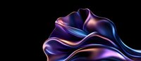 Smooth flowing metallic fabric with iridescent purple, blue and rose gold colors against black background creates elegant abstract waves and folds. Luxury design element.