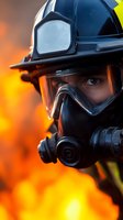 Firefighter wearing protective gear and helmet with breathing apparatus surrounded by intense flames and smoke during emergency rescue operations.