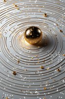 Golden sphere on white surface with circular ripple pattern and scattered metallic particles creates luxurious abstract composition for luxury branding and design.