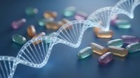DNA double helix structure with colorful pharmaceutical pills and capsules representing genetic medicine and personalized healthcare treatment.