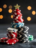 Stacked poker chips arranged as Christmas tree with gold star topper against dark background with bokeh lights for holiday gambling concept.